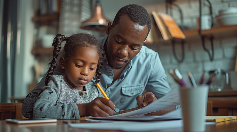 A Father Helps His Daughter With Her Homework At The Kitchen Table. Back To School